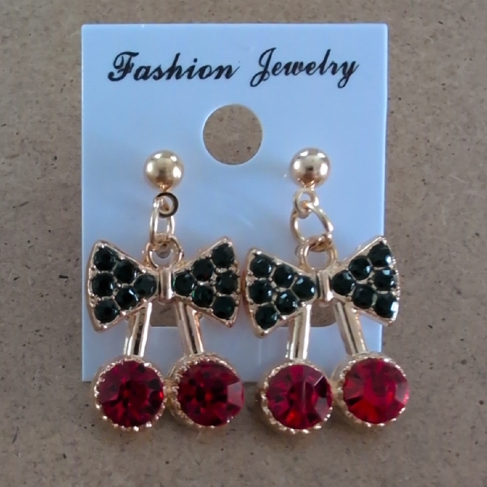 Chic Gold and Red Bow Cherry Fashion Earrings